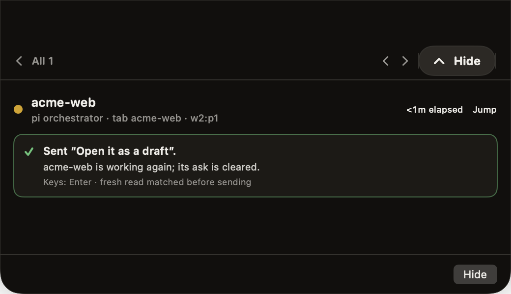 Receipt: Sent 'Open it as a draft'. acme-web is working again; its ask is cleared.